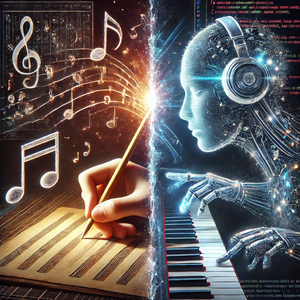 Illustration of human and AI collaboration in music creation, symbolic of songwriting with technology.